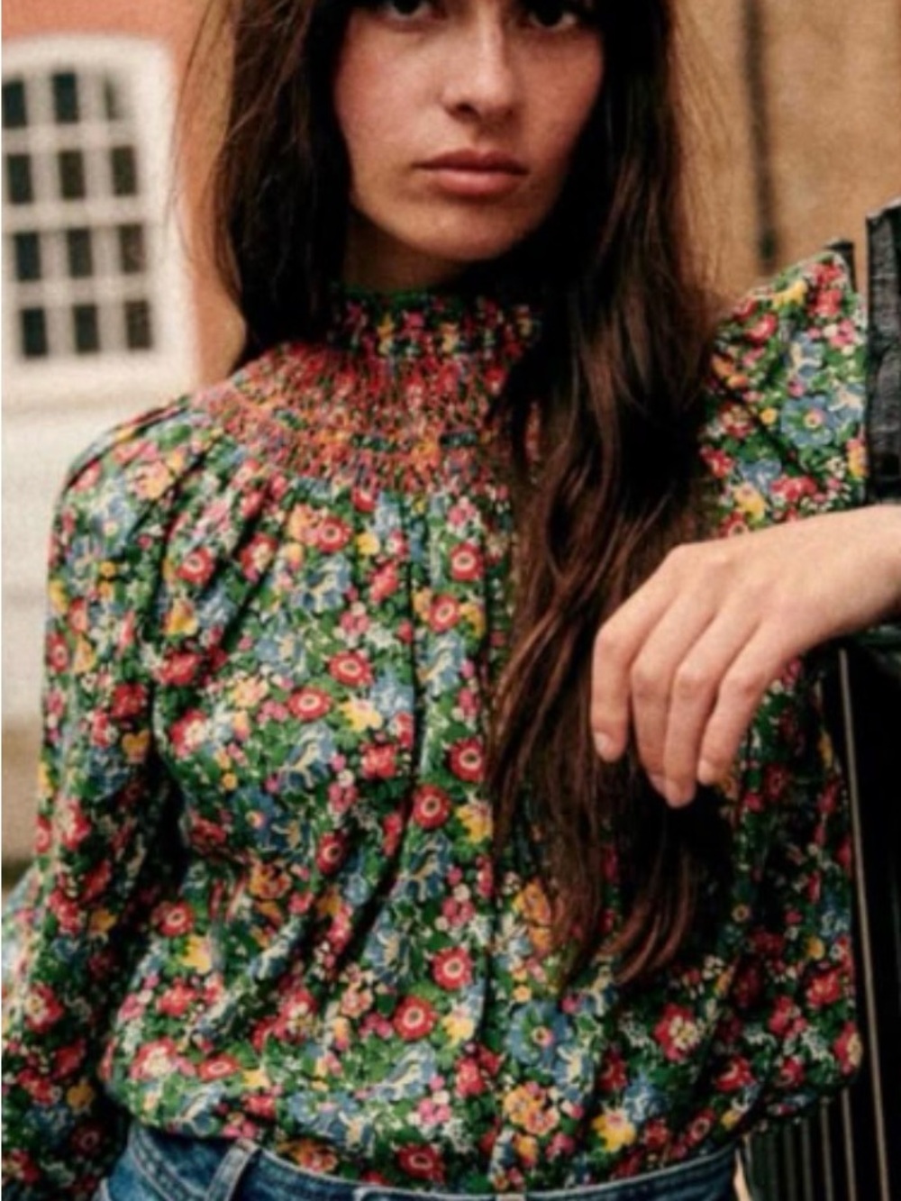 Sezane Green Floral Smocked High-Neck Blouse, size 4